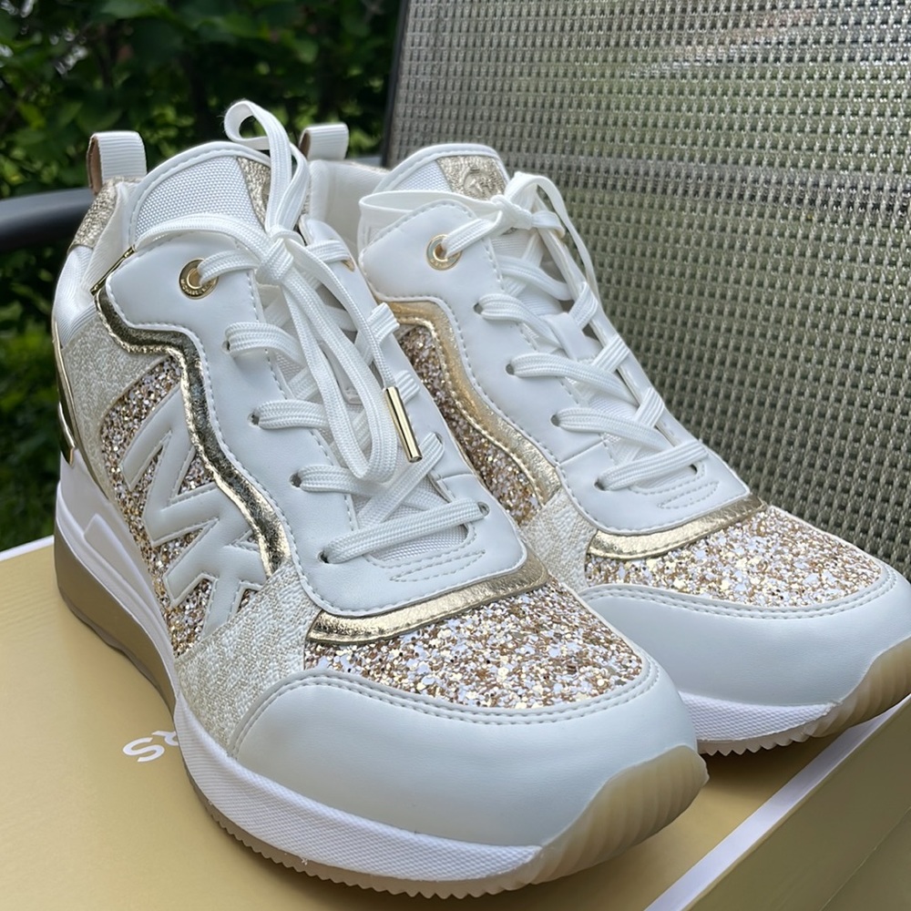 Michael Kors Crysta trainer pale gold chunky glitter wedge shoes sneakers 9.5 - Picture 6 of 10